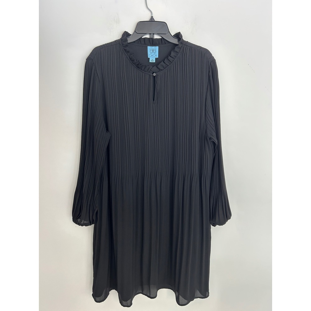 CeCe Black Pleated Ruffle Neck Shift Dress Long Sleeve Plus Size 3X Formal Event